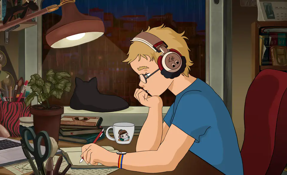 A drawing in the style of the Lofi Girl. A white person of ambiguous gender, with cropped blonde hair and a plain blue t-shirt, is sitting at a desk and studying.