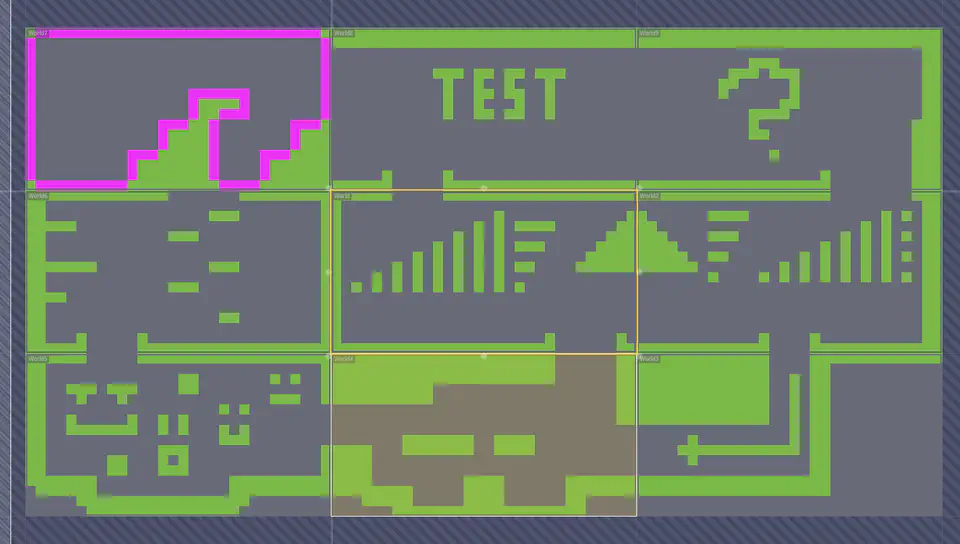 A screenshot of a tiled platformer layout in LDtk. There are nine rooms arranged in a three-by-three grid.